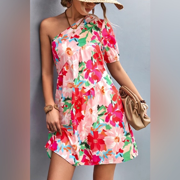 Floral One-Shoulder Puff Sleeve Dress - Picture 2 of 6